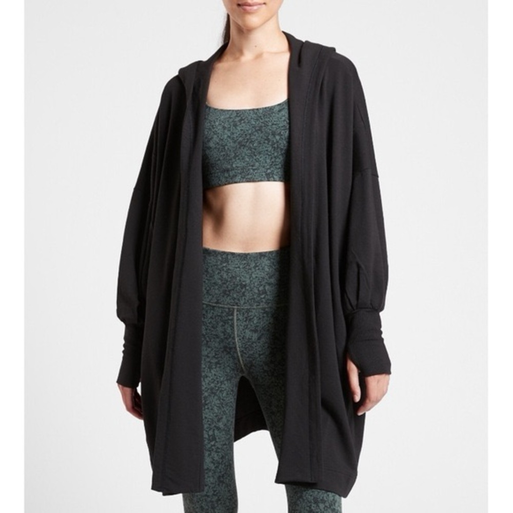 Athleta Mantra Wrap Black Oversized Hooded Sweatshirt Cardigan Sweater EUC Sz XS